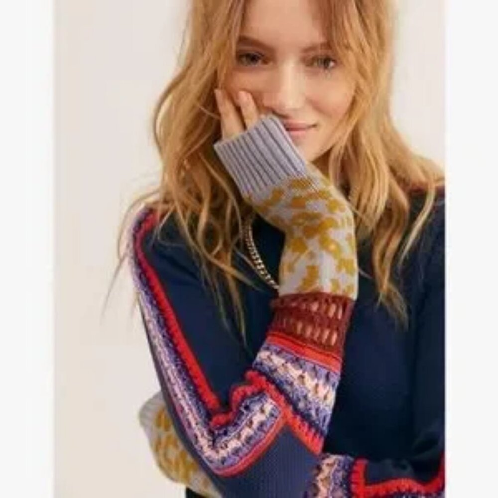 EUC Free People "Switch it Up" Navy Blue Thermal Crochet Knit Top Size Large - Picture 2 of 10